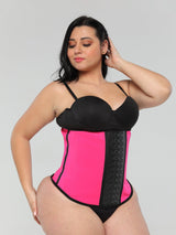 Full front view of Pink Sports Latex Covered Workout Waist Trainer plus sized model.