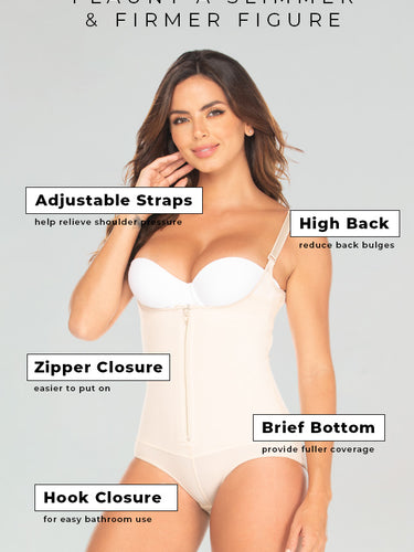 Front view of high compression white panty bodysuit faja functionalities and features.