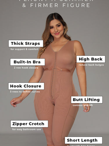 Features and functionality of a mocha colored full body faja.