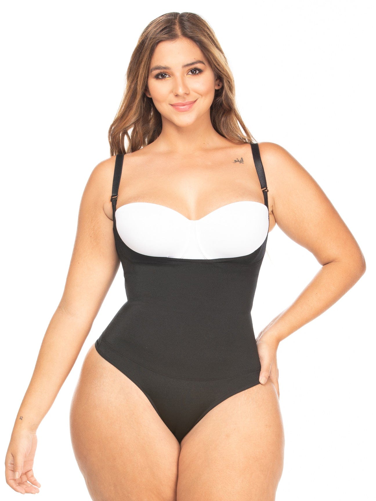 Front view of the black body suit shaper with thong.