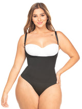 Front view of the black body suit shaper with thong.