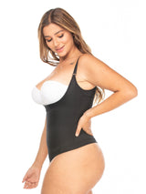 Side view of the black body suit shaper with thong.